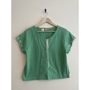 Vintage Mexx Peasant Top Women Medium Green Embroidered Tie Neckline Button